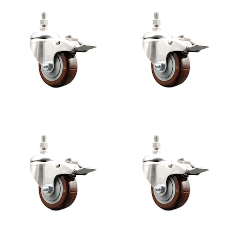 Service Caster 3.5 Inch 316SS Maroon Polyurethane Swivel 12mm Stem Caster Set Lock Brake SS316TSTTL20S3514-PPUB-MRN-M1215-4